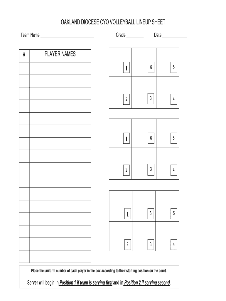 Oakland Diocese CYO Volleyball Lineup Sheet Form Fill Online Printable Fillable Blank PdfFiller