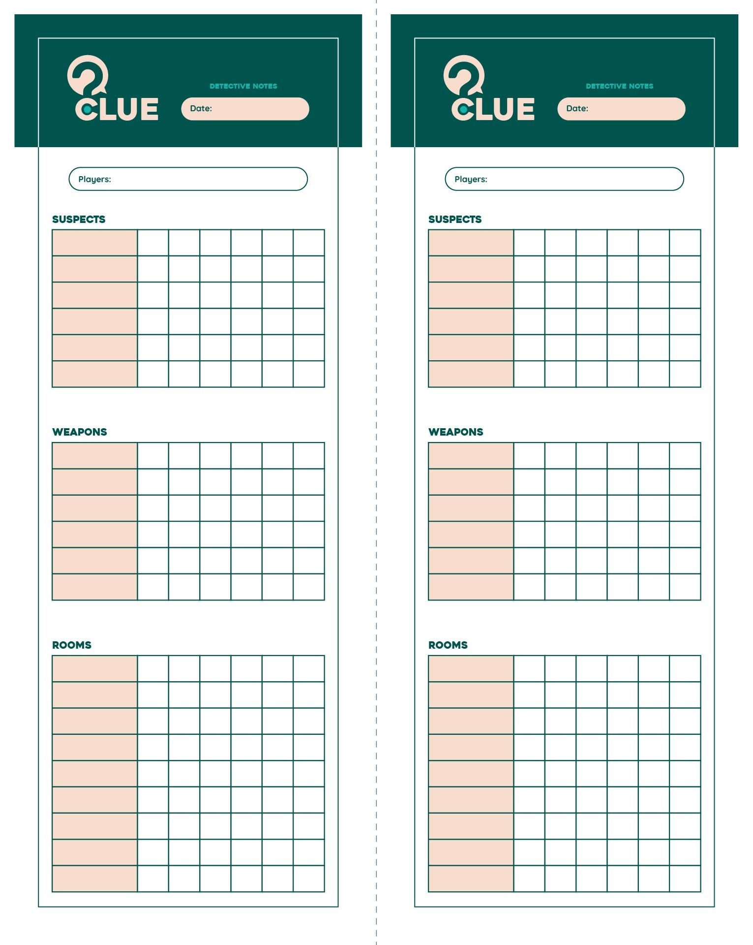 clue printable game sheets