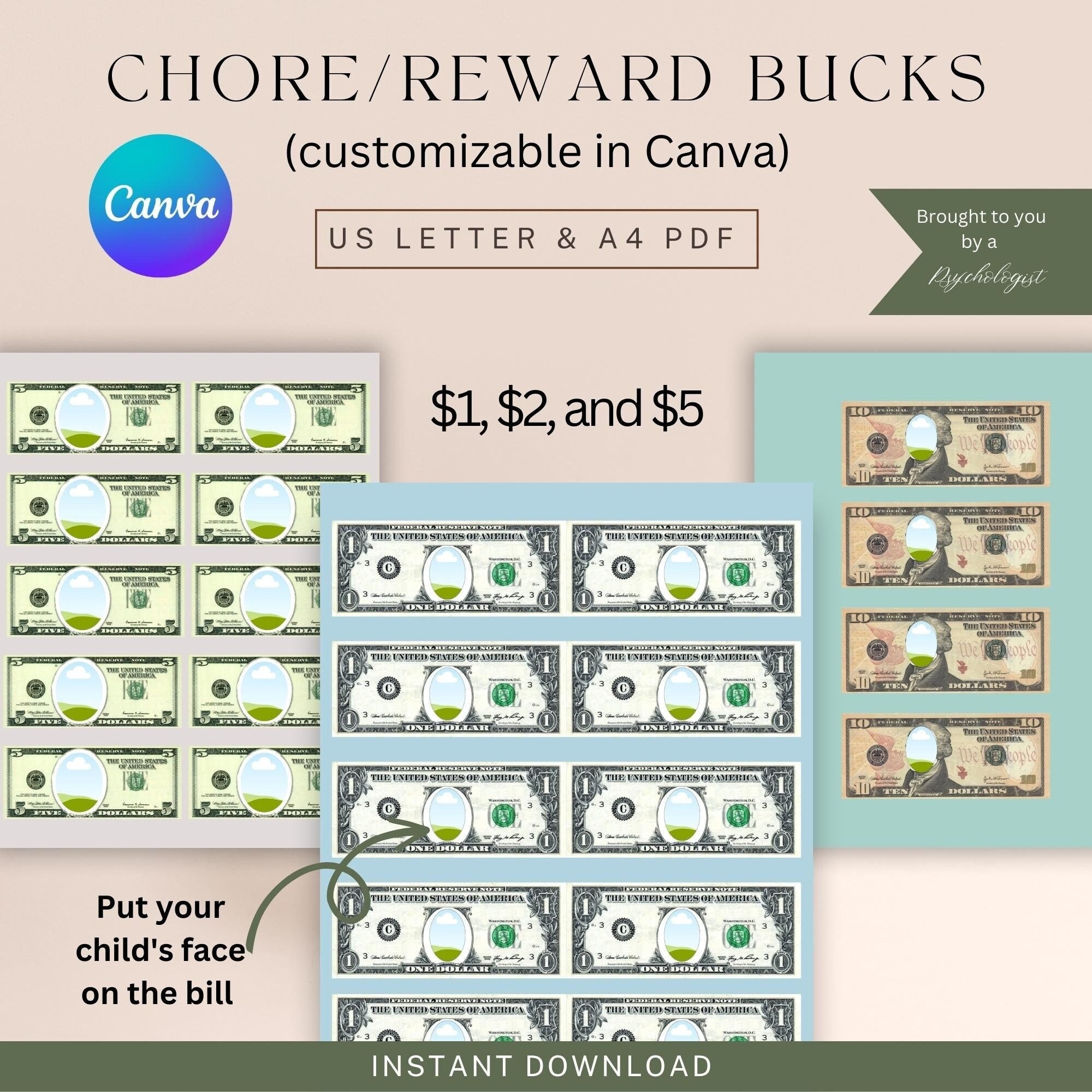 Play Money Printable PDF I Customizable Template I Canva I Reward Bucks I Chore Rewards I Play Therapy I Parenting I Allowance I Therapy I Etsy
