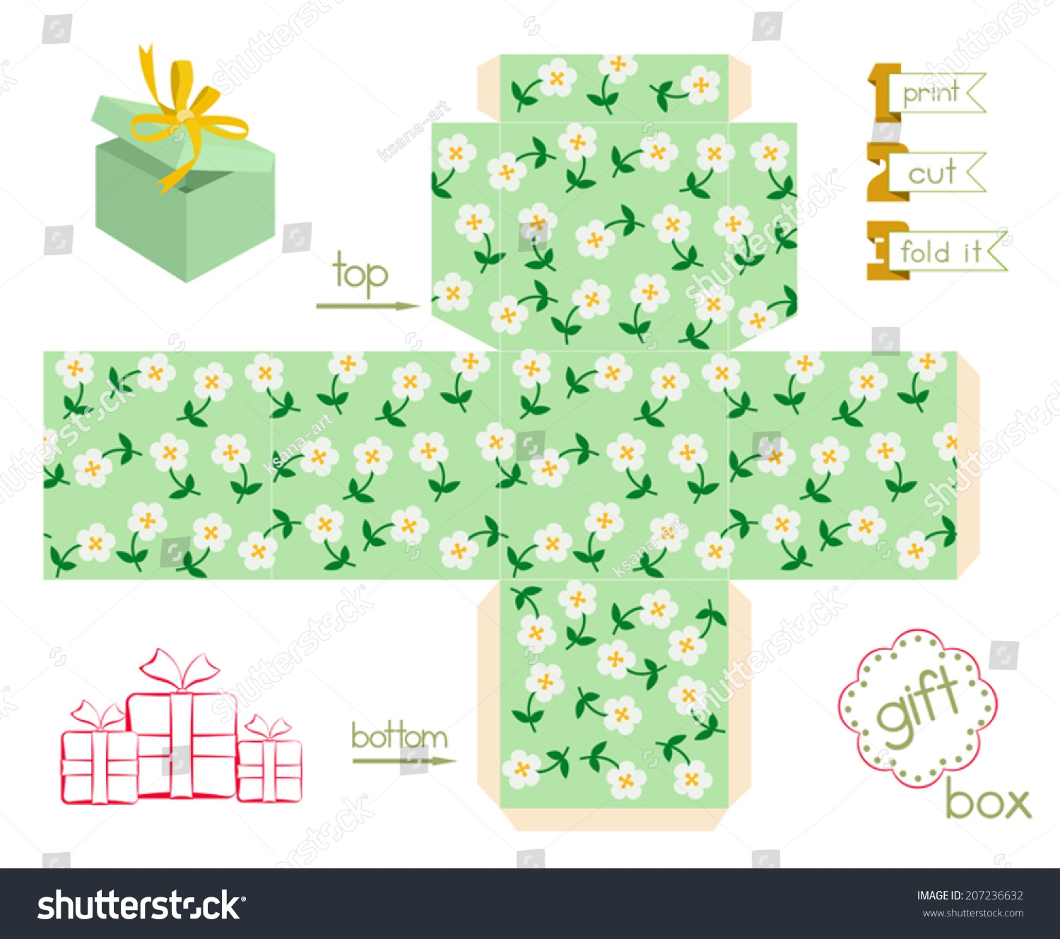 Printable Gift Box Cute Flowers Template Stock Vector Royalty Free 207236632 Shutterstock