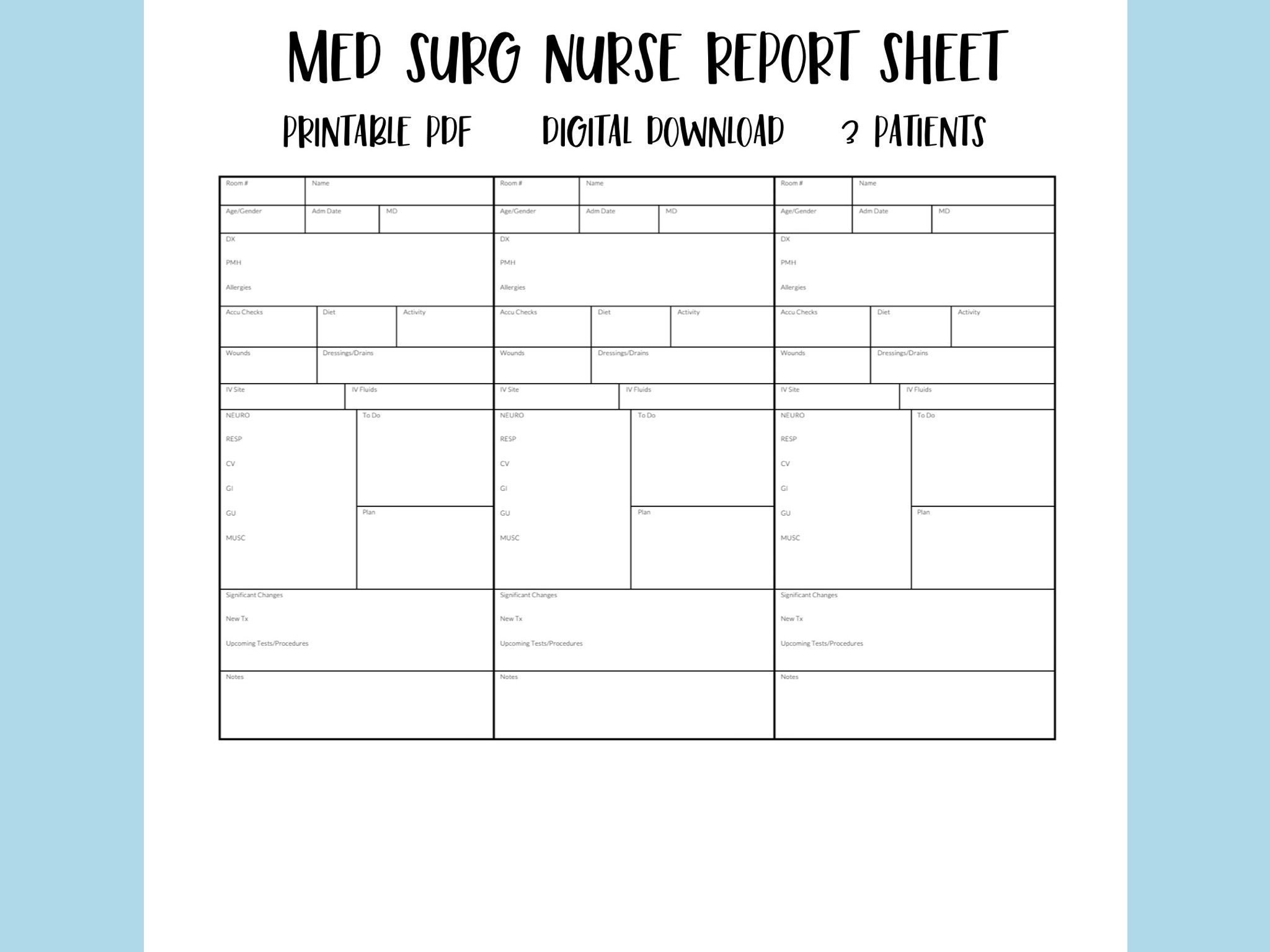 printable nursing report sheets