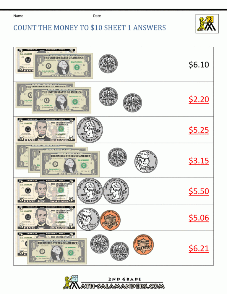 Printable Money Worksheets To 10