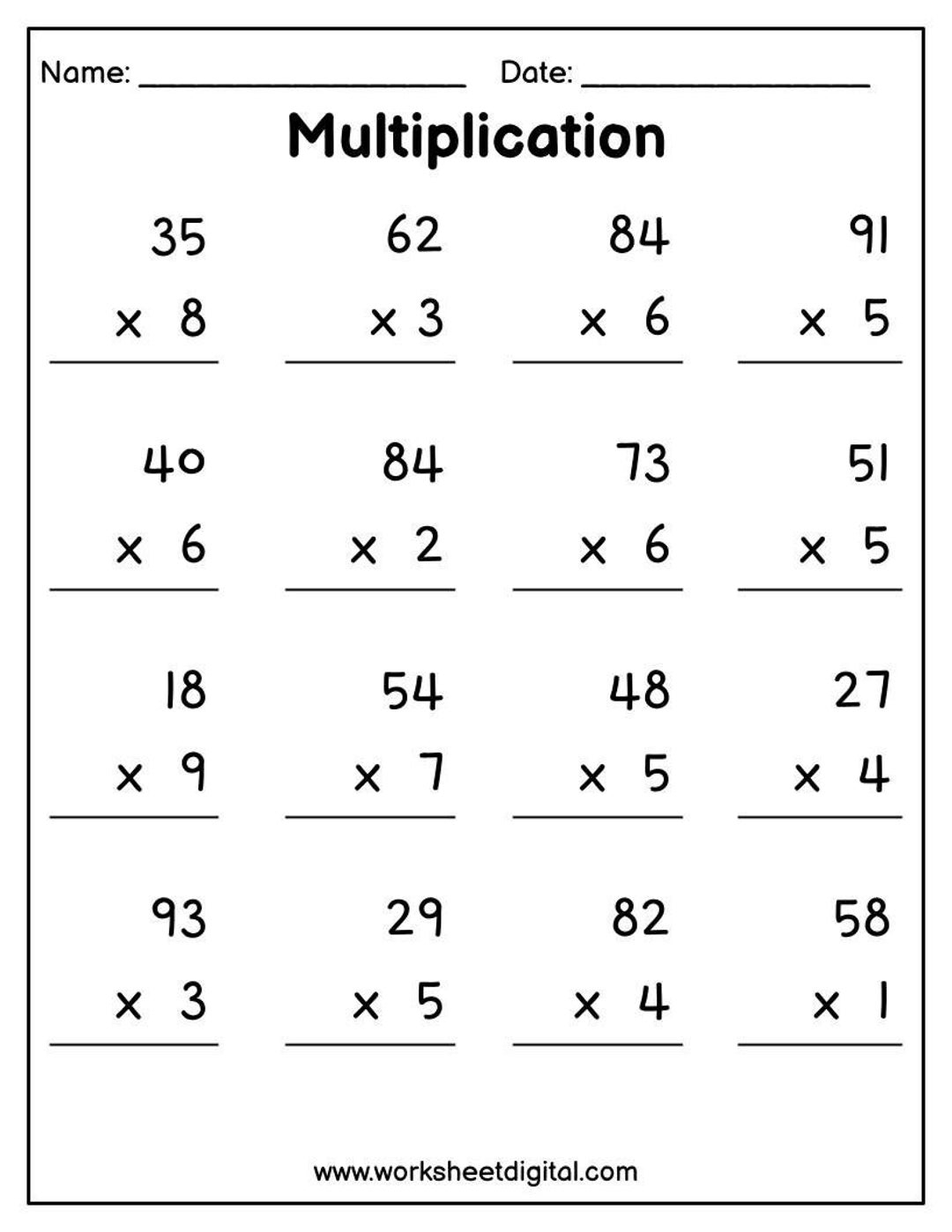 Printable Multiplication Worksheets 2 Digit X 1 Digit PDF Etsy
