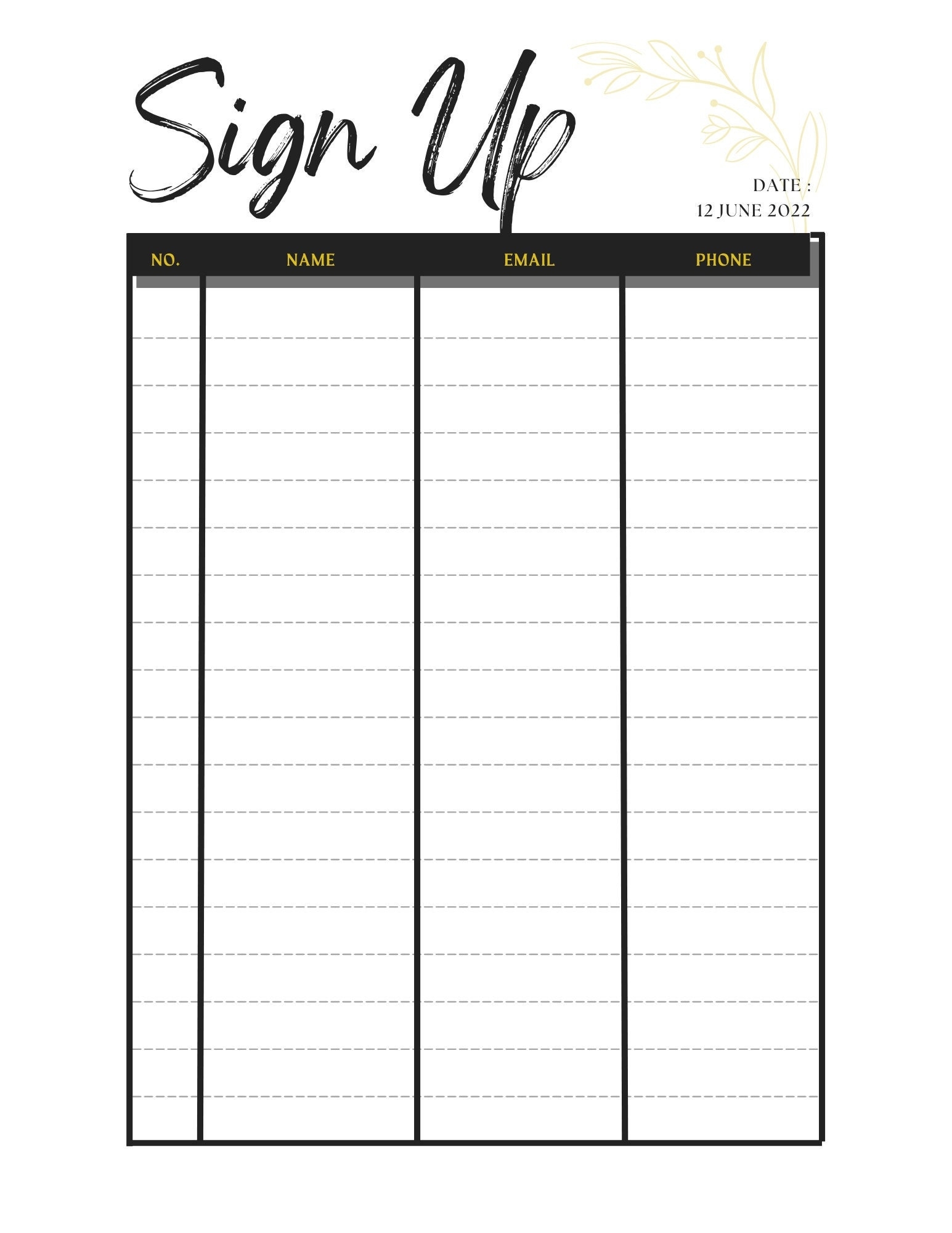 sign up sheet free printable