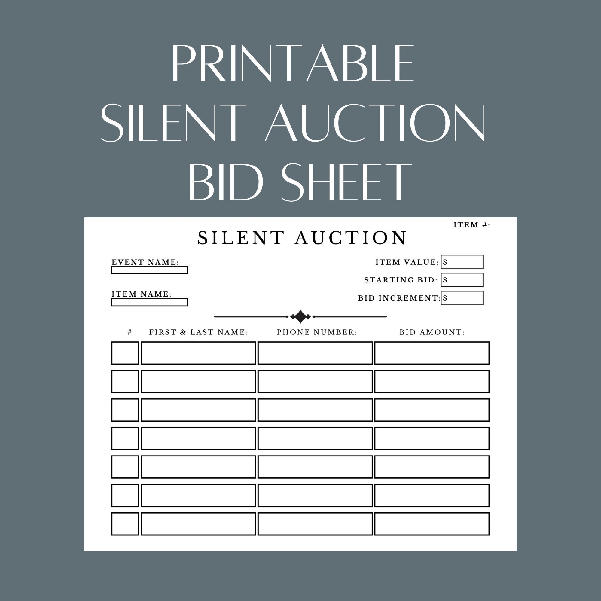 Printable Silent Auction Bid Sheet PDF File Simply Download Print And Fill Out Etsy