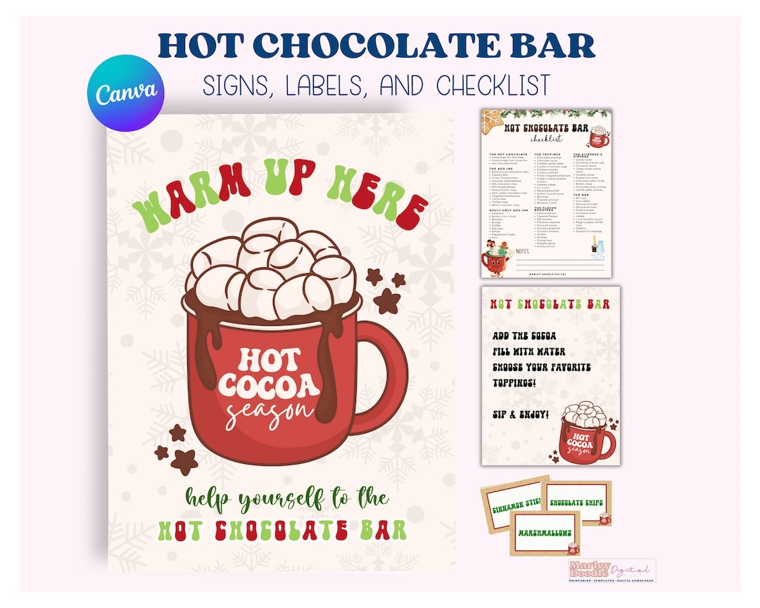 Retro Hot Chocolate Bar Sign Labels Checklist canva Editable Digital Download Etsy