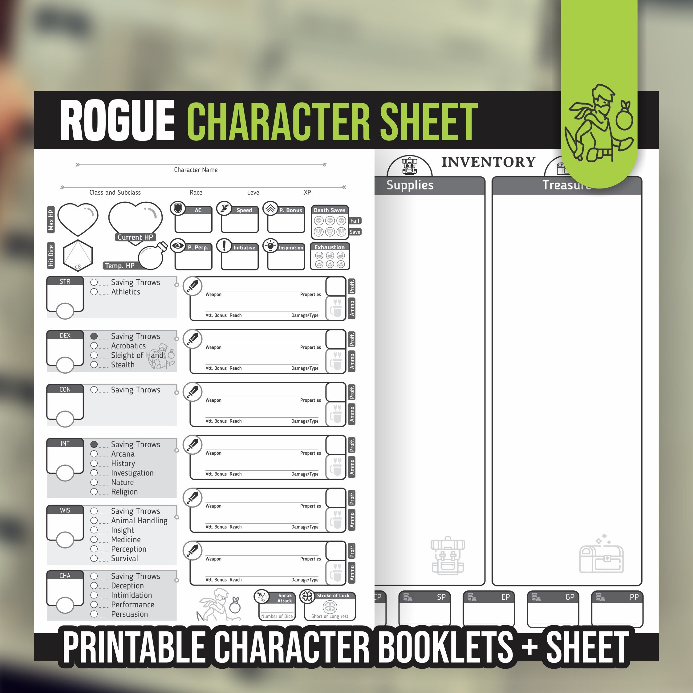 ROGUE CHARACTER SHEET For Dnd 5e Form Fillable Pdf Dungeons And Dragons Printable Character Sheet D D Dnd Character Journal Etsy