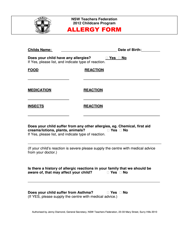 School Allergy Form Template Fill Out Sign Online DocHub