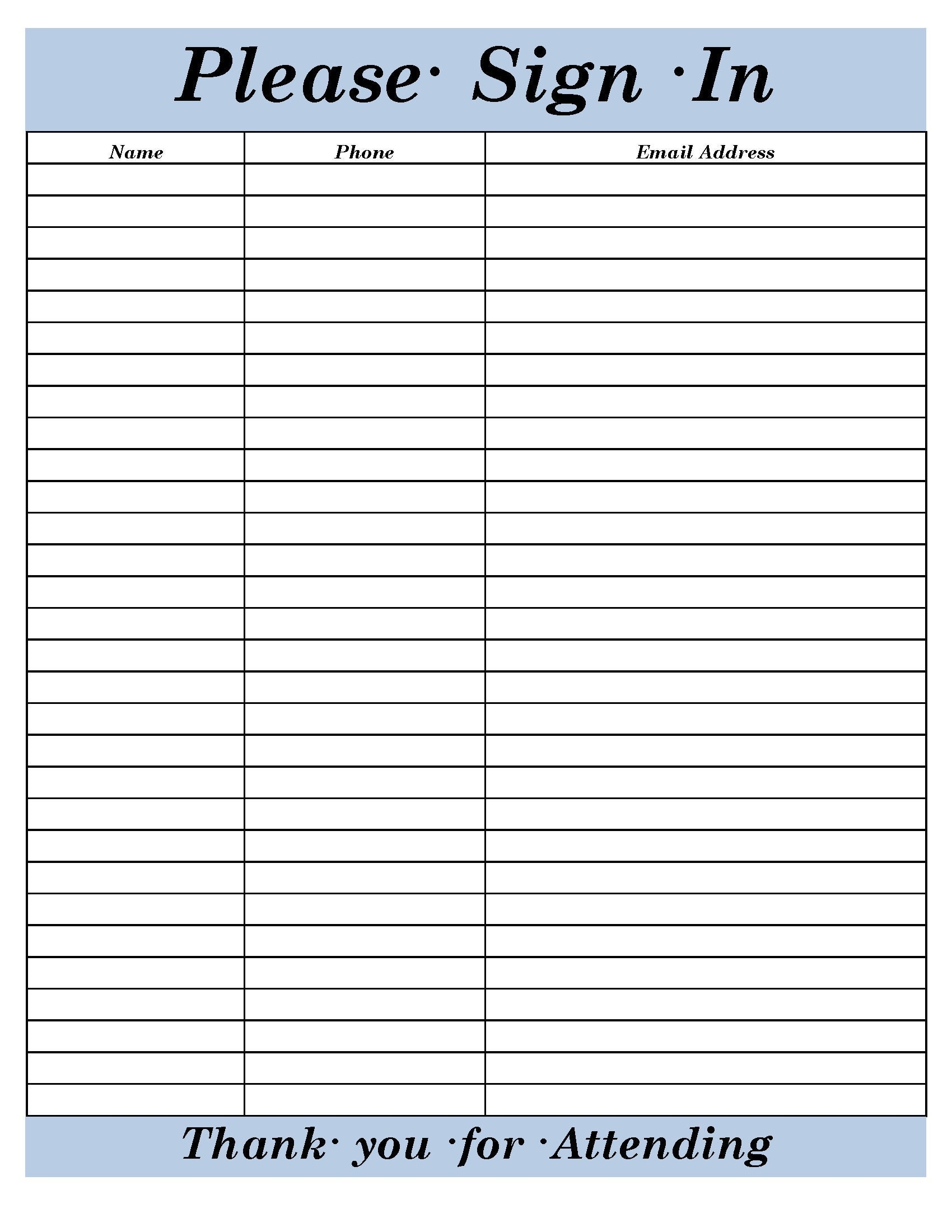 free sign in sheet printable