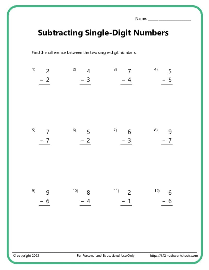 printable subtraction sheets