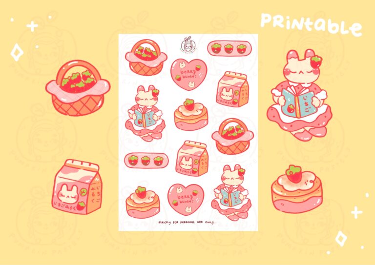 Strawberry Bunny part Two Sticker Sheet Printable DIGITAL File Printable Stickers Cute Planner Stickers Journal Kawaii Stickers Etsy