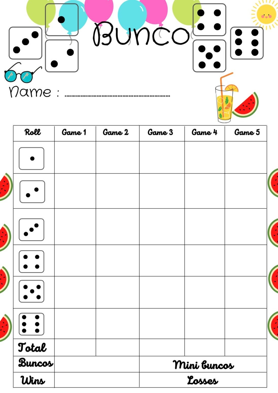 Summer Bunco Score Card Bunco Scoresheet Bunco Score Pads Printable File PDF Download 8 5x11 Etsy