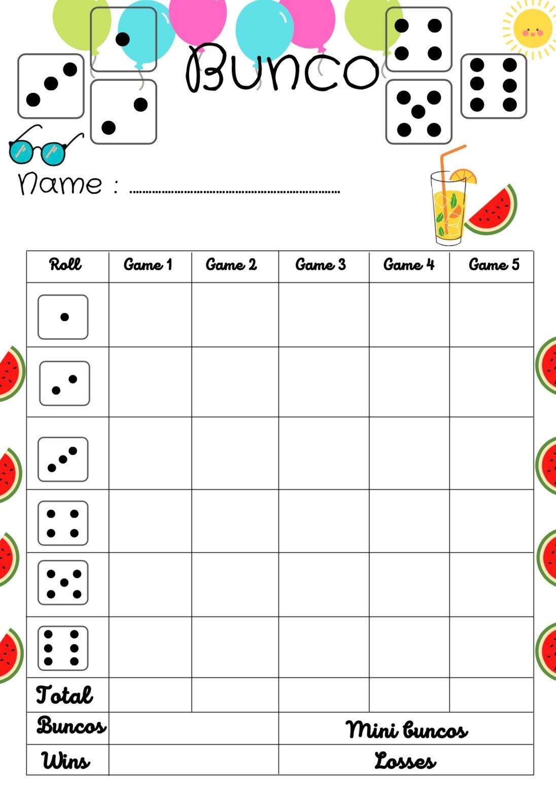 Summer Bunco Score Card Bunco Scoresheet Bunco Score Pads Printable File PDF Download 8 5x11 Etsy