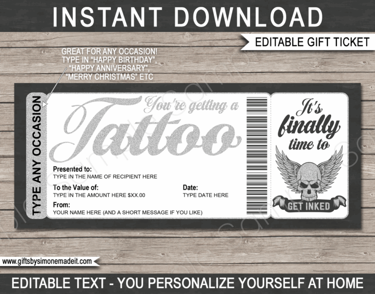 Tattoo Gift Certificate Card Template DIY Printable Gift Voucher