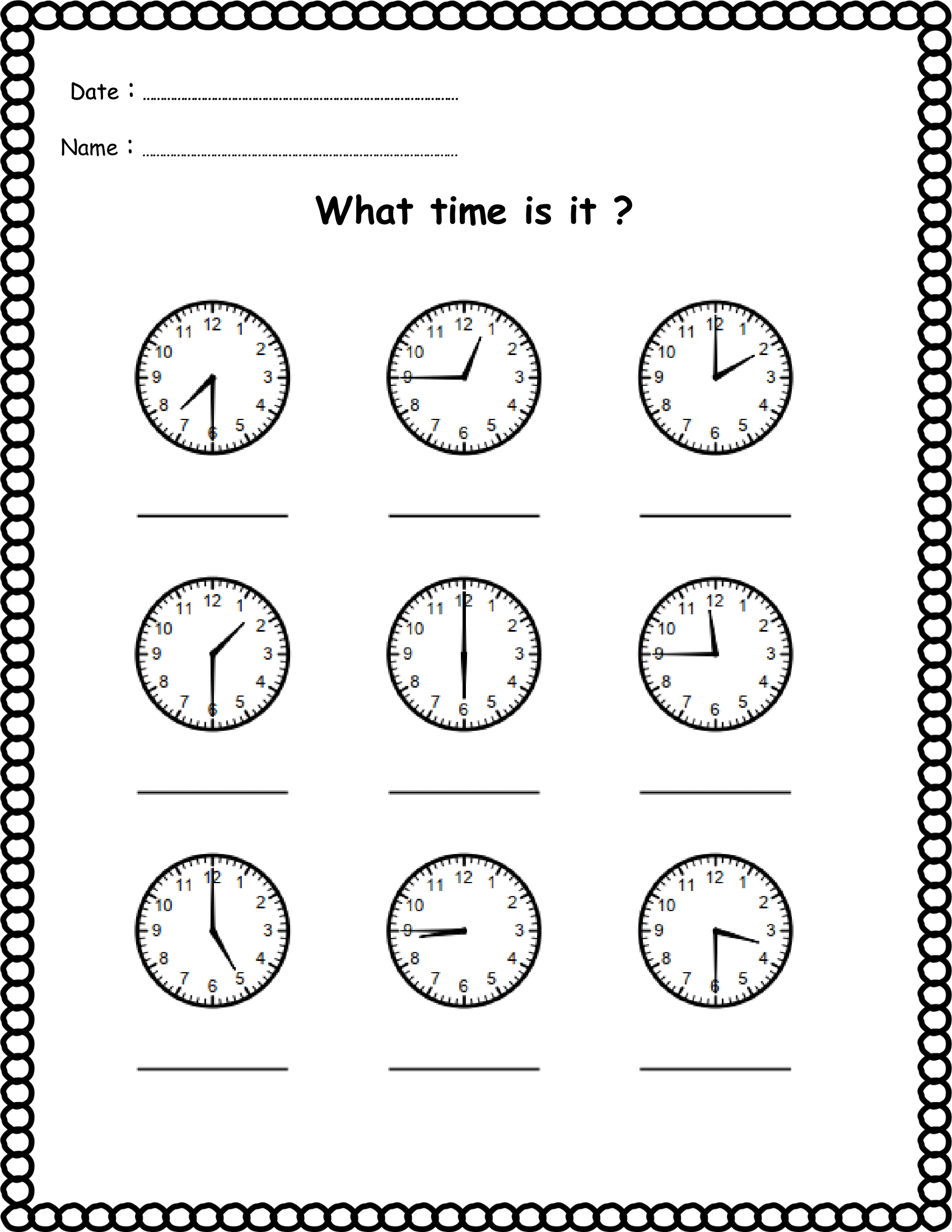 telling time sheets free printable