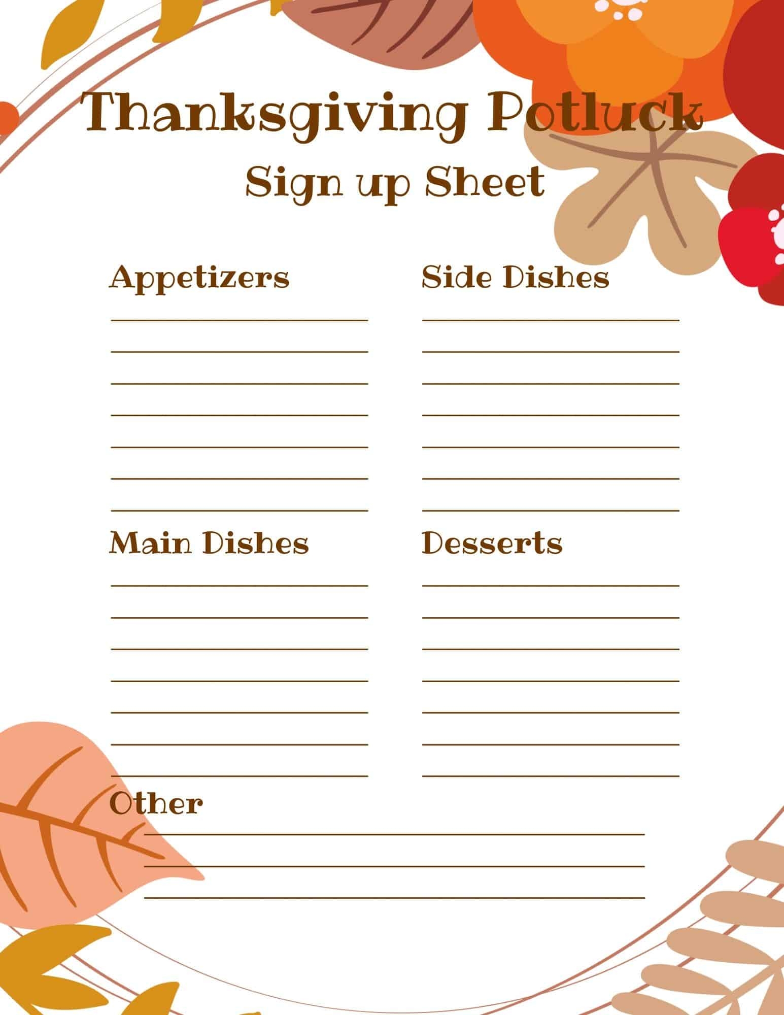 printable potluck sign up