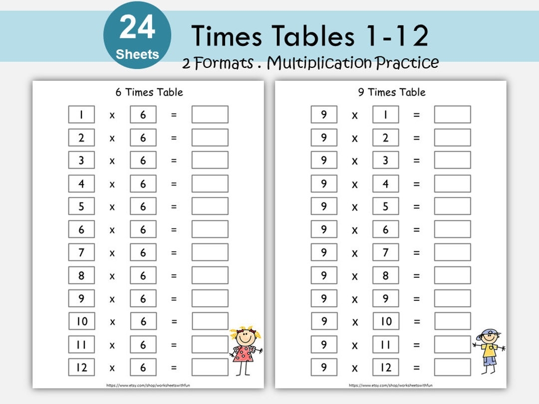 Times Tables Practice Worksheets 1 12 Multiplication Facts Cards Printable Kindergarten First Grade Math 2 Formats Etsy