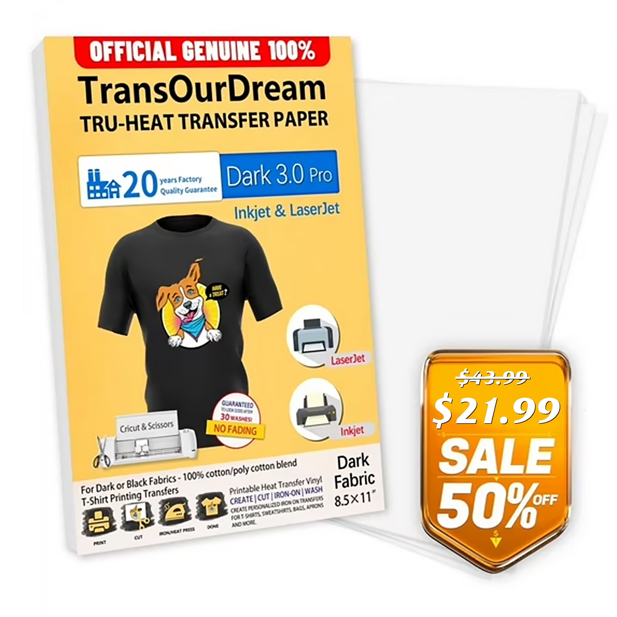 TransOurDream Tru Transfer Dark Pro Heat Transfer Paper 20 Sheets 8 5x11 Laser Inkjet Compatible Walmart