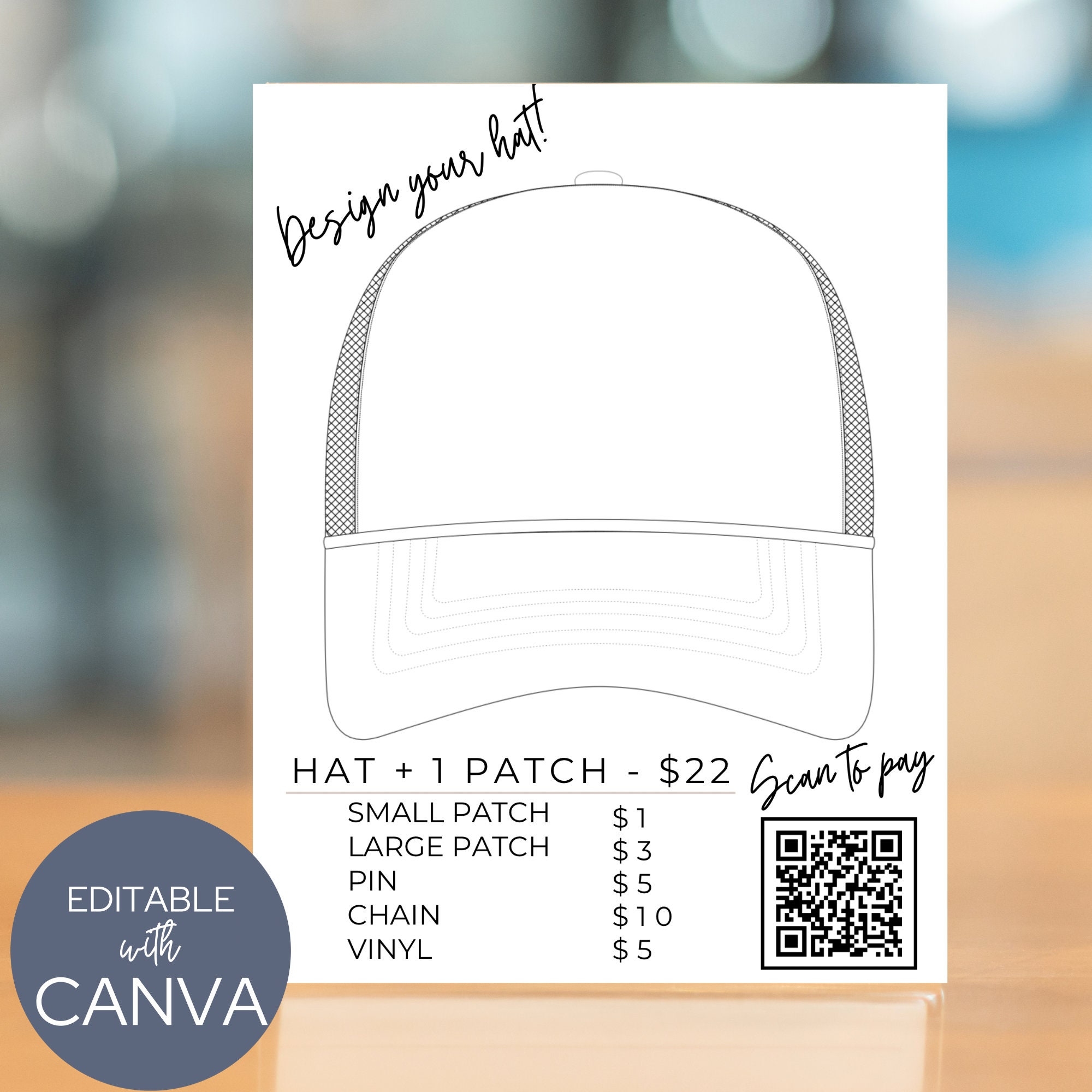 Trucker Hat Bar Sign Template With Price List And QR Code Canva Editable FULLY CUSTOMIZABLE Etsy