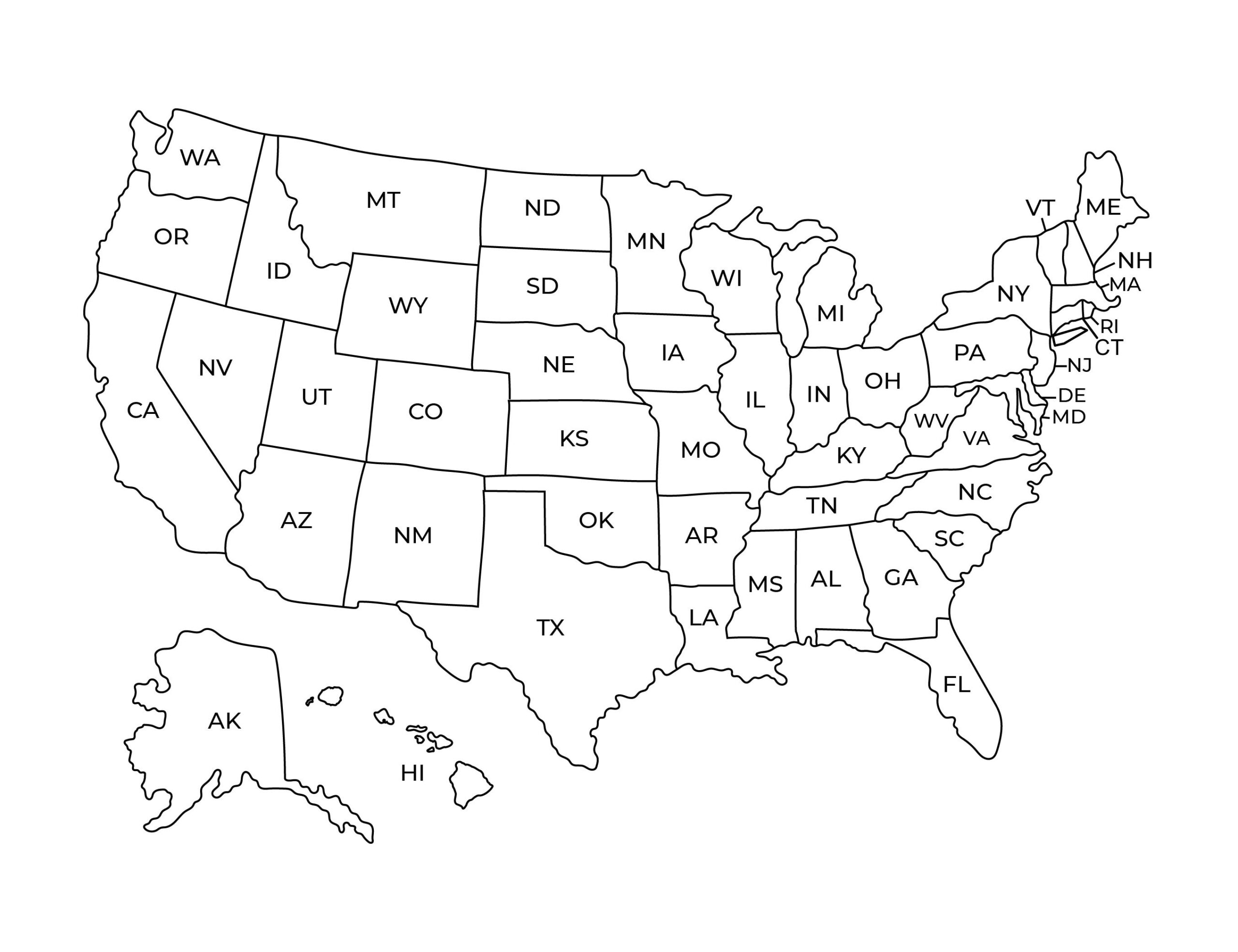 US Map With State Names Printable Contiguous USA Alaska Hawaii Black White Simple Etsy