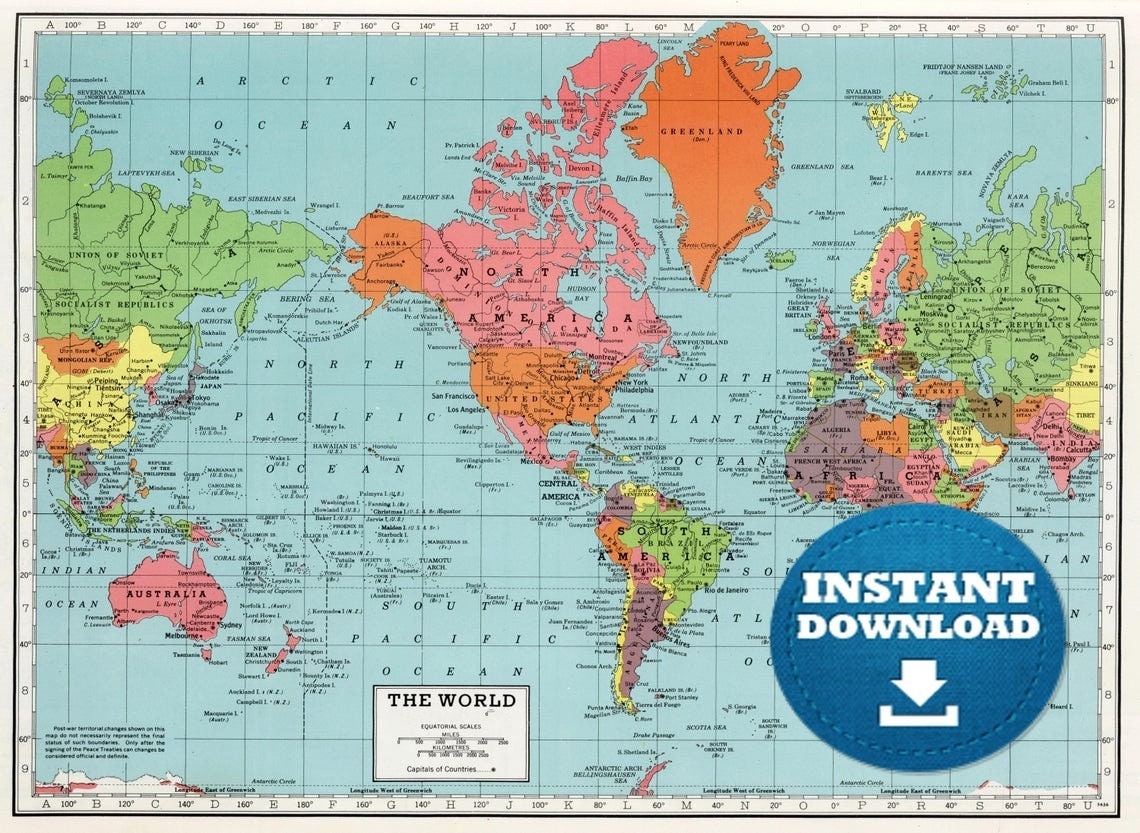 Vintage Bright Colors World Map Printable digital Download Etsy