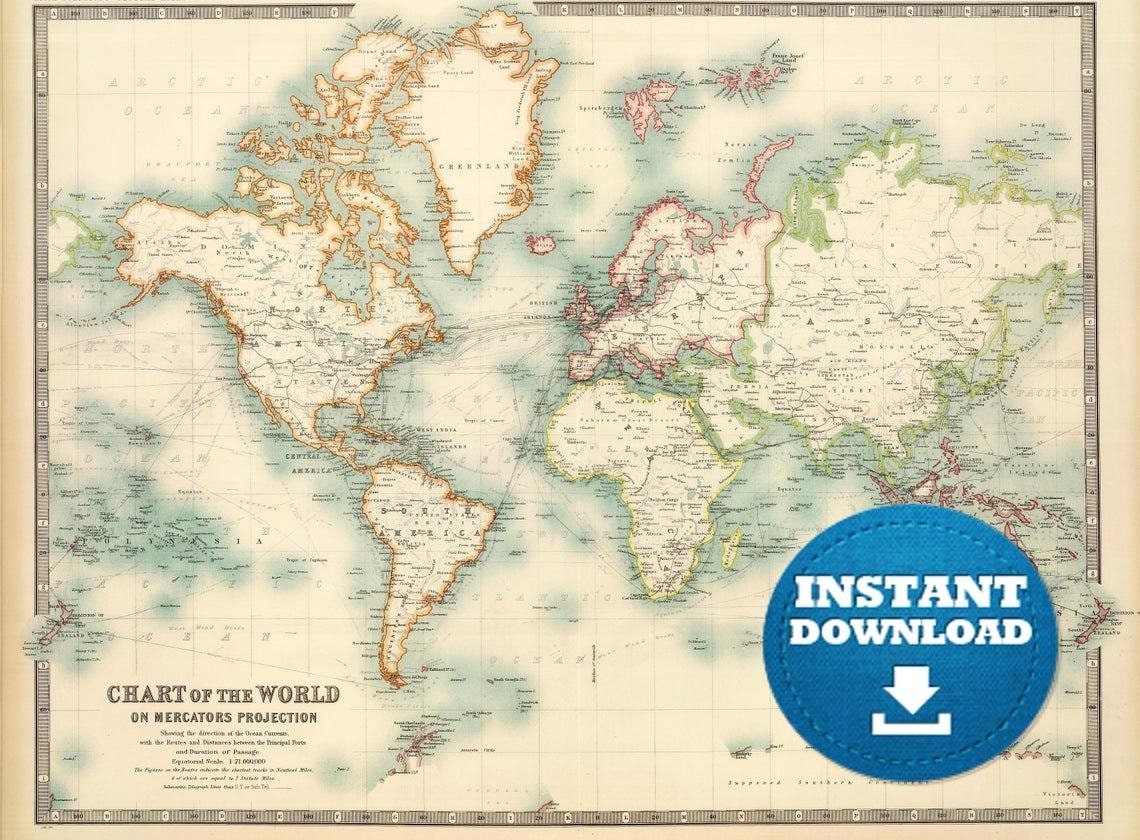 Vintage World Map Poster 1911 Antique Style digital Download Etsy