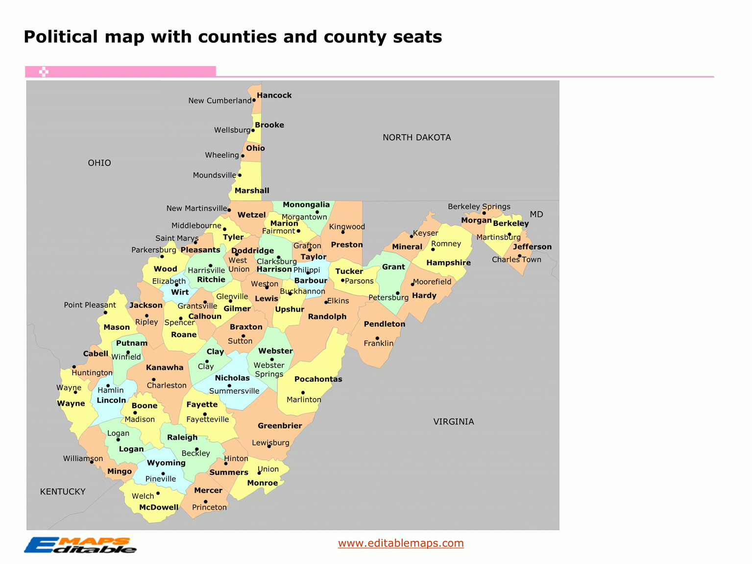West Virginia County Map Editable PowerPoint Maps