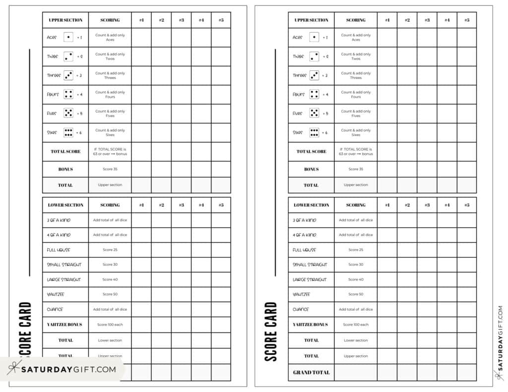yahtzee sheet printable